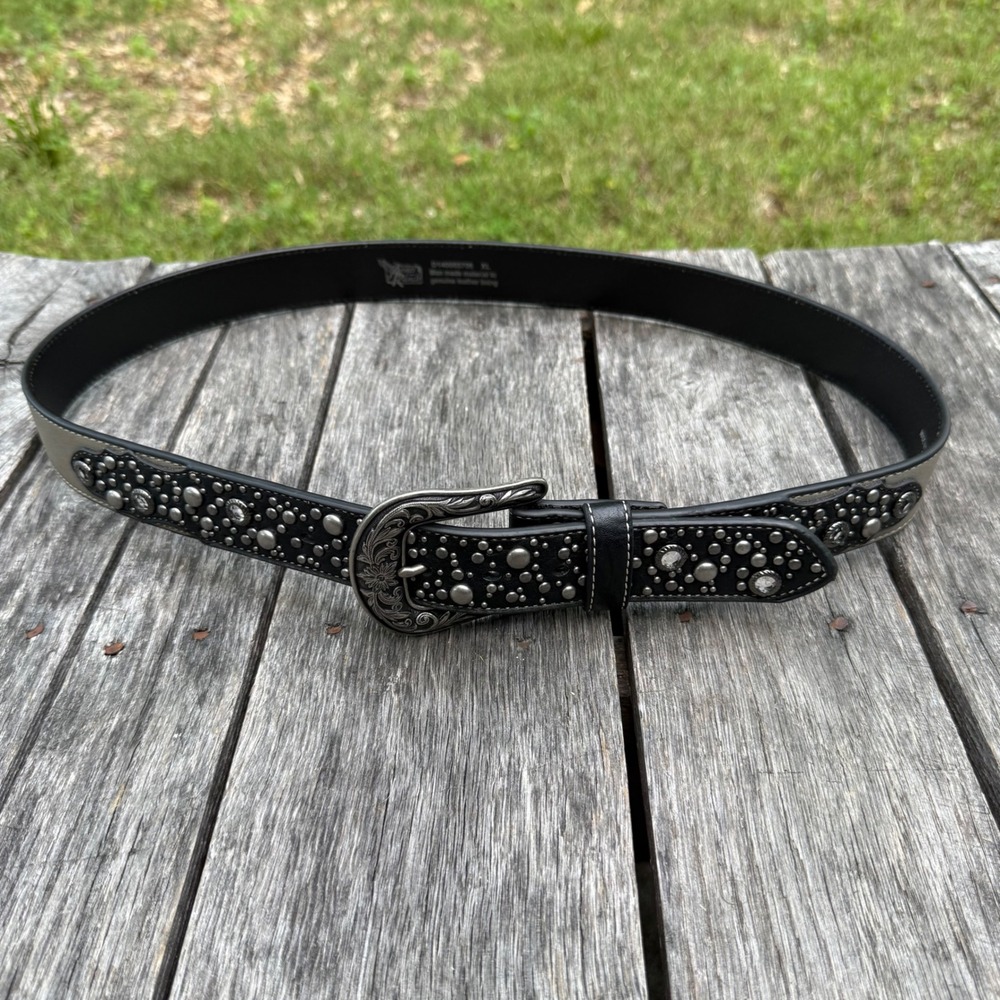 Angel Ranch Womens XL Western Belt Black Silver Studded Rhinestone Floral Buckle